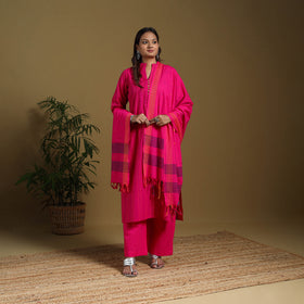 Pink - cotton jacquard kurta set (set of 3) 11 - handcrafted