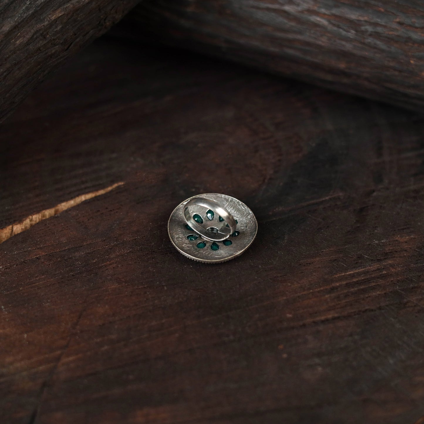 Green - antique silver finish oxidised stone work ring 105