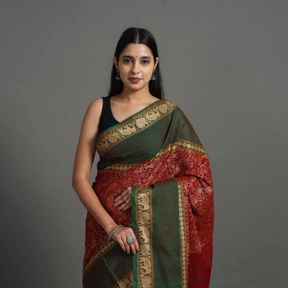 Red - Kanchipuram Weaves Cotton Saree with Thread Border 54