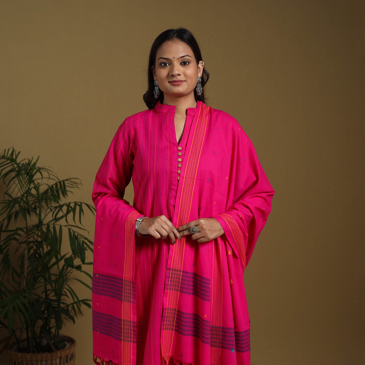 Pink - cotton jacquard kurta set (set of 3) 11 - handcrafted