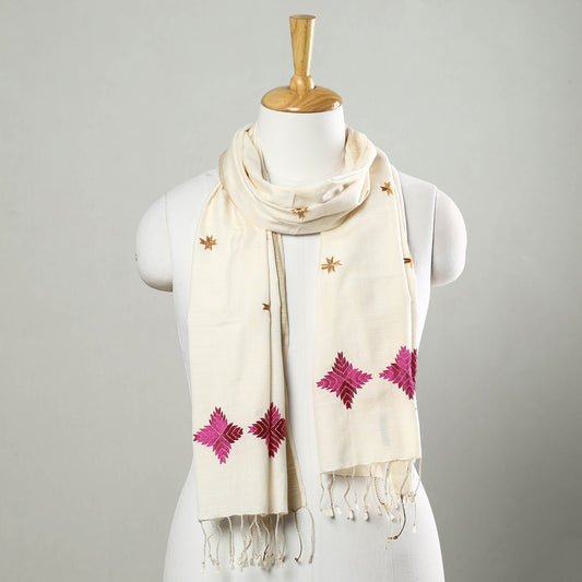 Beige - Phulkari Hand Embroidery Silk Handloom Stole