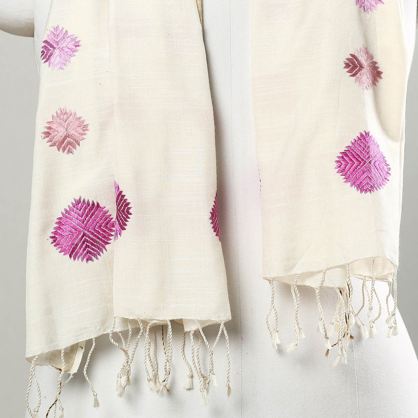 White - Phulkari Hand Embroidery Silk Handloom Stole