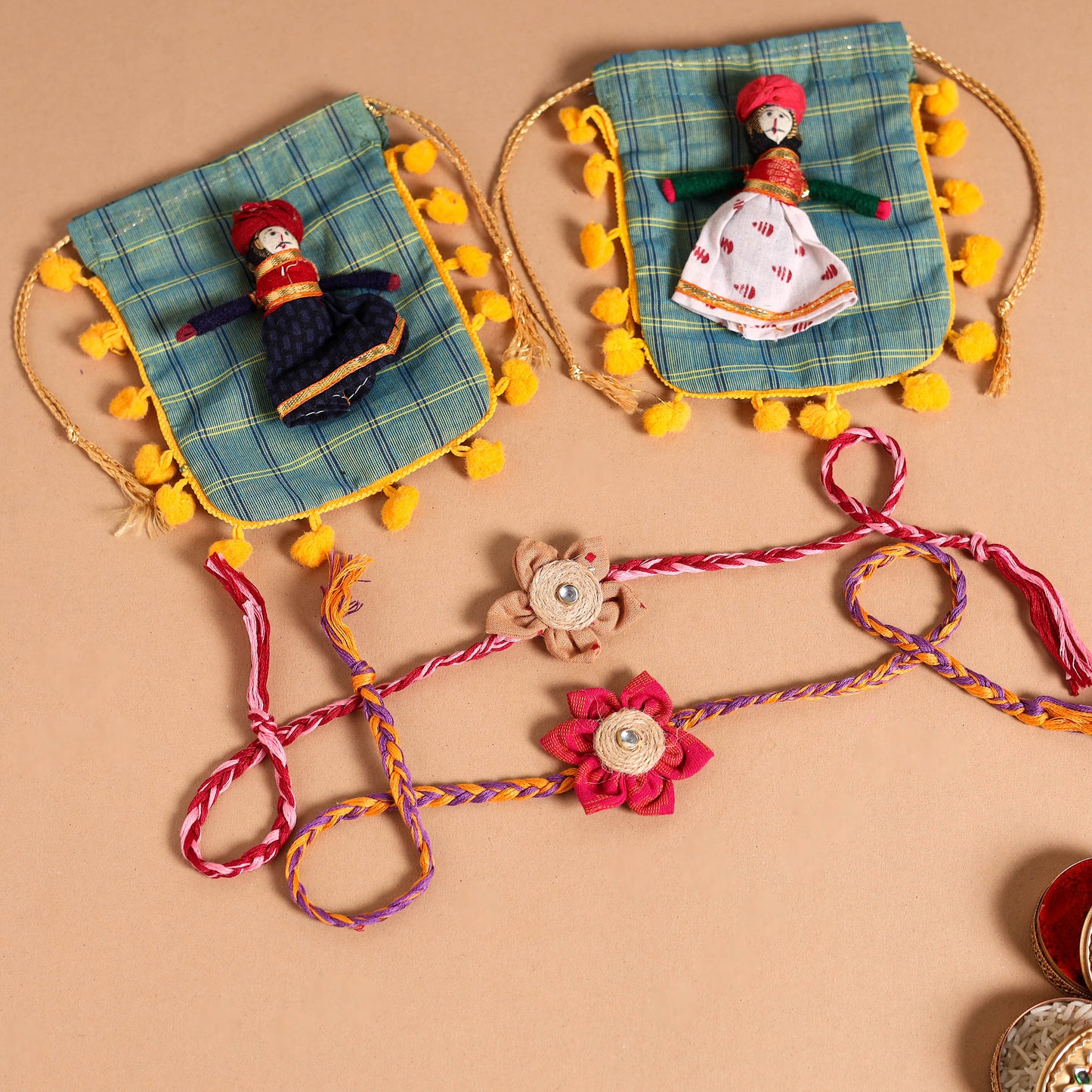  Handmade Fabric Flower Jute Rakhi (Set of 2)