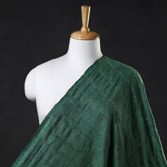 Dark Green - Bengal Kantha Work Pure Tussar Silk Handloom Fabric