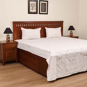 White - barmer applique cutwork cotton double bedsheet set