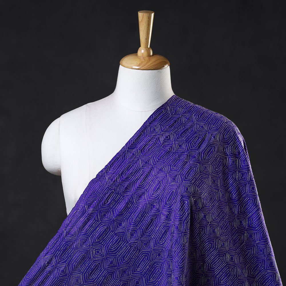 Dark Purple - Bengal Kantha Work Pure Tussar Silk Handloom Fabric