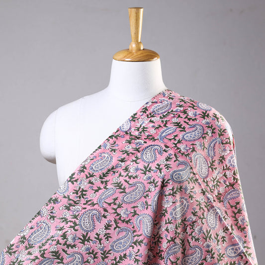 Paisley Floral Design Pink Sanganeri Block Printed Cotton Fabric