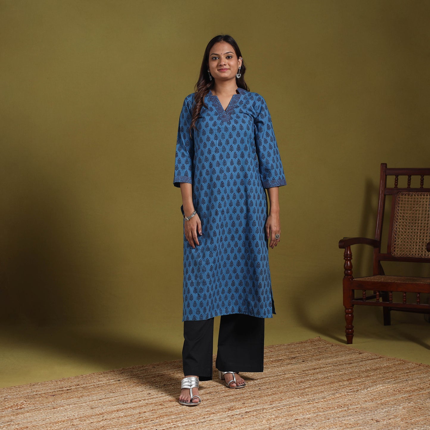 Blue - natural dyed cotton straight bagh kurta 14