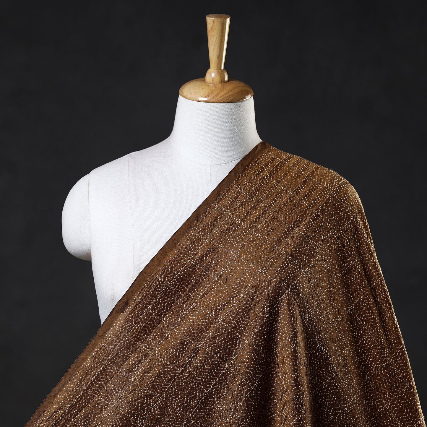 Dark Brown - Bengal Kantha Work Pure Tussar Silk Handloom Fabric