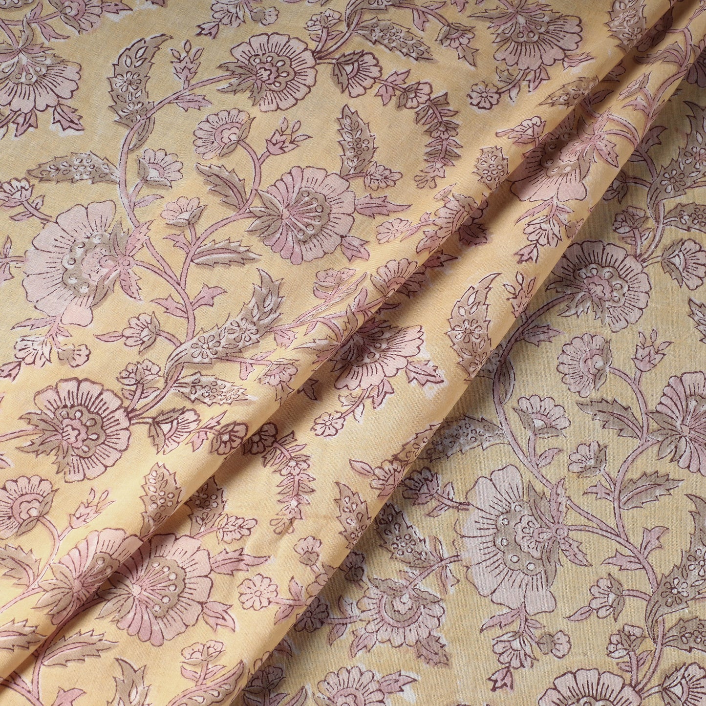 Yellow - Brown Blooming Jaipur Flower Forage Sanganeri Block Printed Cotton Fabric