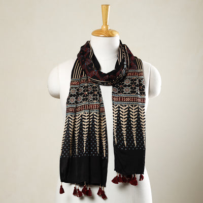 Black - Ajrakh Block Printed Modal Silk Stole with Tassels