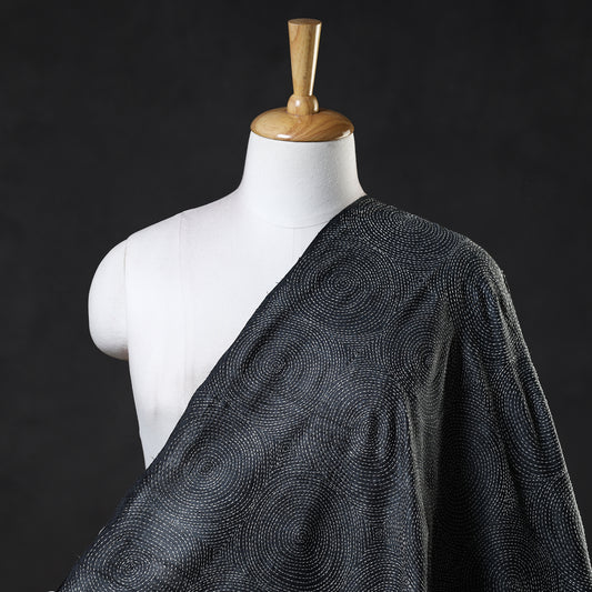 Black - Bengal Kantha Work Pure Tussar Silk Handloom Fabric