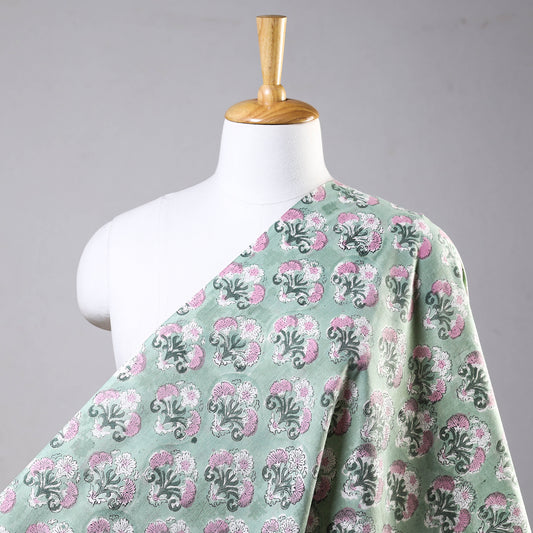 Green Tri-Floral Butta Sanganeri Block Printed Cotton Fabric