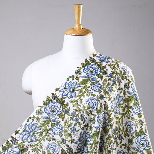 Blue Green Florals Sanganeri Block Printed Cotton Fabric