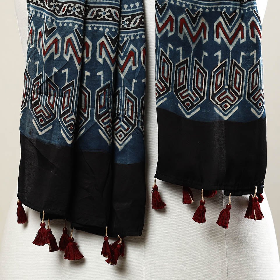 Blue - Ajrakh Block Printed Modal Silk Stole with Tassels