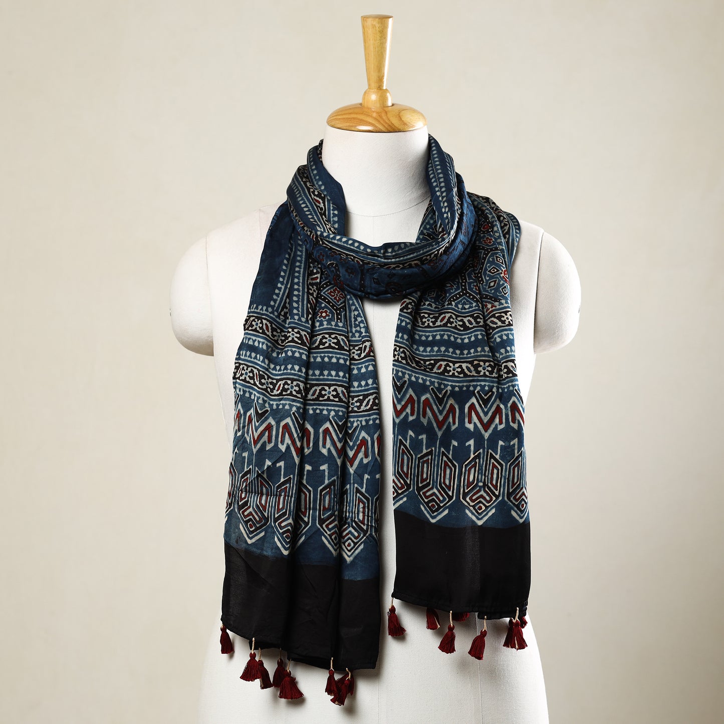 Blue - Ajrakh Block Printed Modal Silk Stole with Tassels