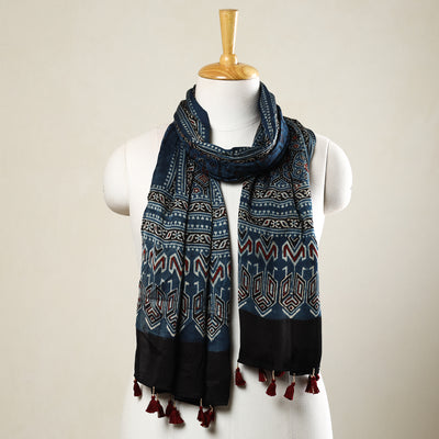 Blue - Ajrakh Block Printed Modal Silk Stole with Tassels