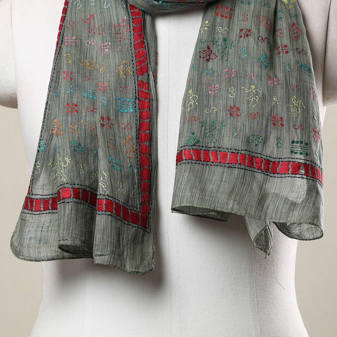 Grey - Bengal Kantha Hand Embroidery Cotton Stole 12
