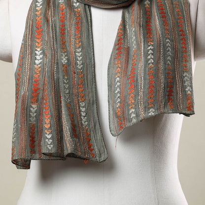 Grey - Bengal Kantha Hand Embroidery Cotton Stole 11