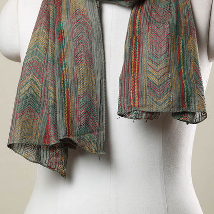 Grey - Bengal Kantha Hand Embroidery Cotton Stole 10
