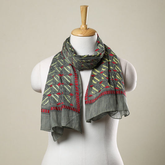 Grey - Bengal Kantha Hand Embroidery Cotton Stole 09