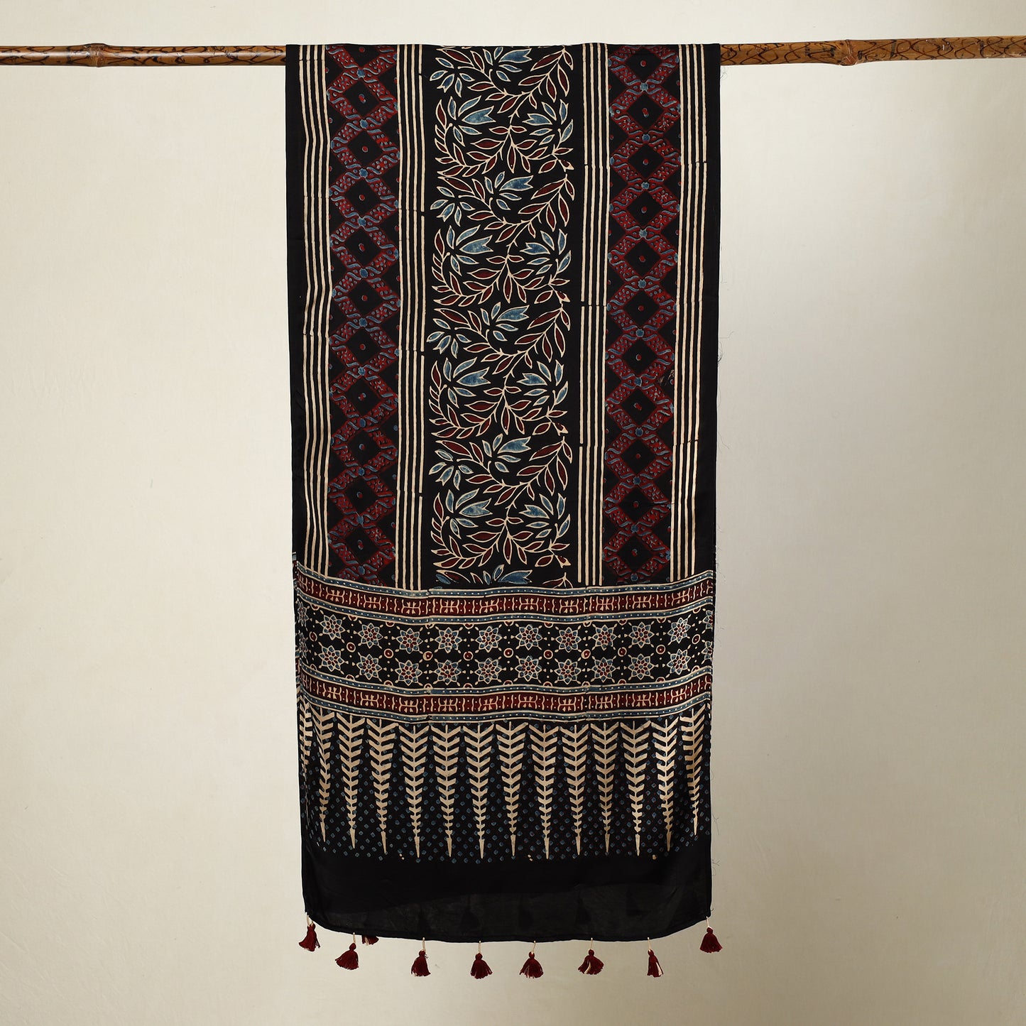 Black - Ajrakh Block Printed Modal Silk Stole with Tassels