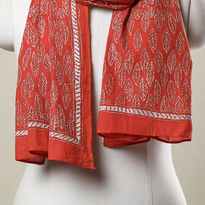 Orange - Bengal Kantha Hand Embroidery Cotton Stole 14