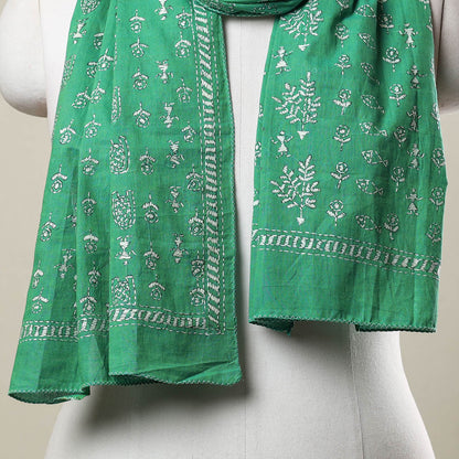 Green - Bengal Kantha Hand Embroidery Cotton Stole 15