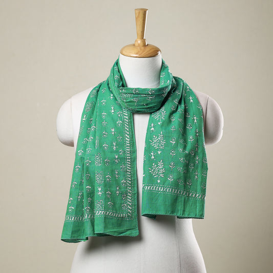 Green - Bengal Kantha Hand Embroidery Cotton Stole 15