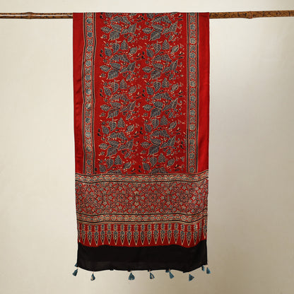 Red - Ajrakh Block Printed Modal Silk Stole with Tassels