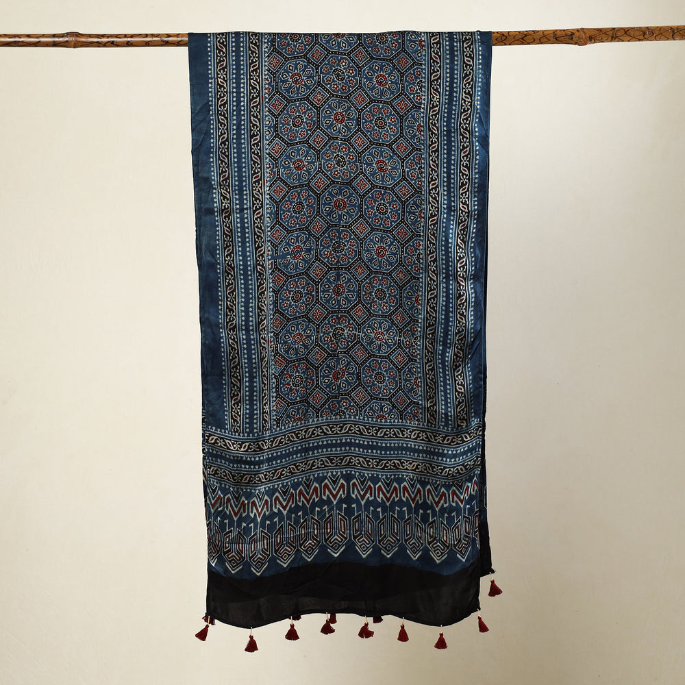 Blue - Ajrakh Block Printed Modal Silk Stole with Tassels