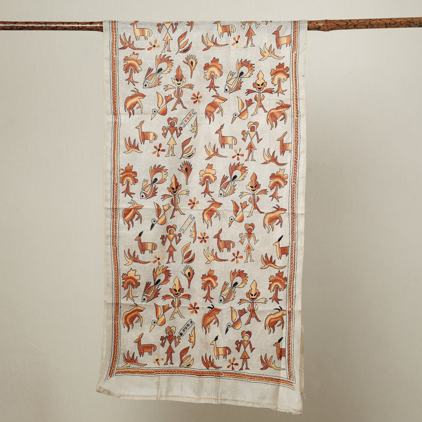 Beige - Bengal Kantha Hand Embroidery Tussar Silk Handloom Stole 21