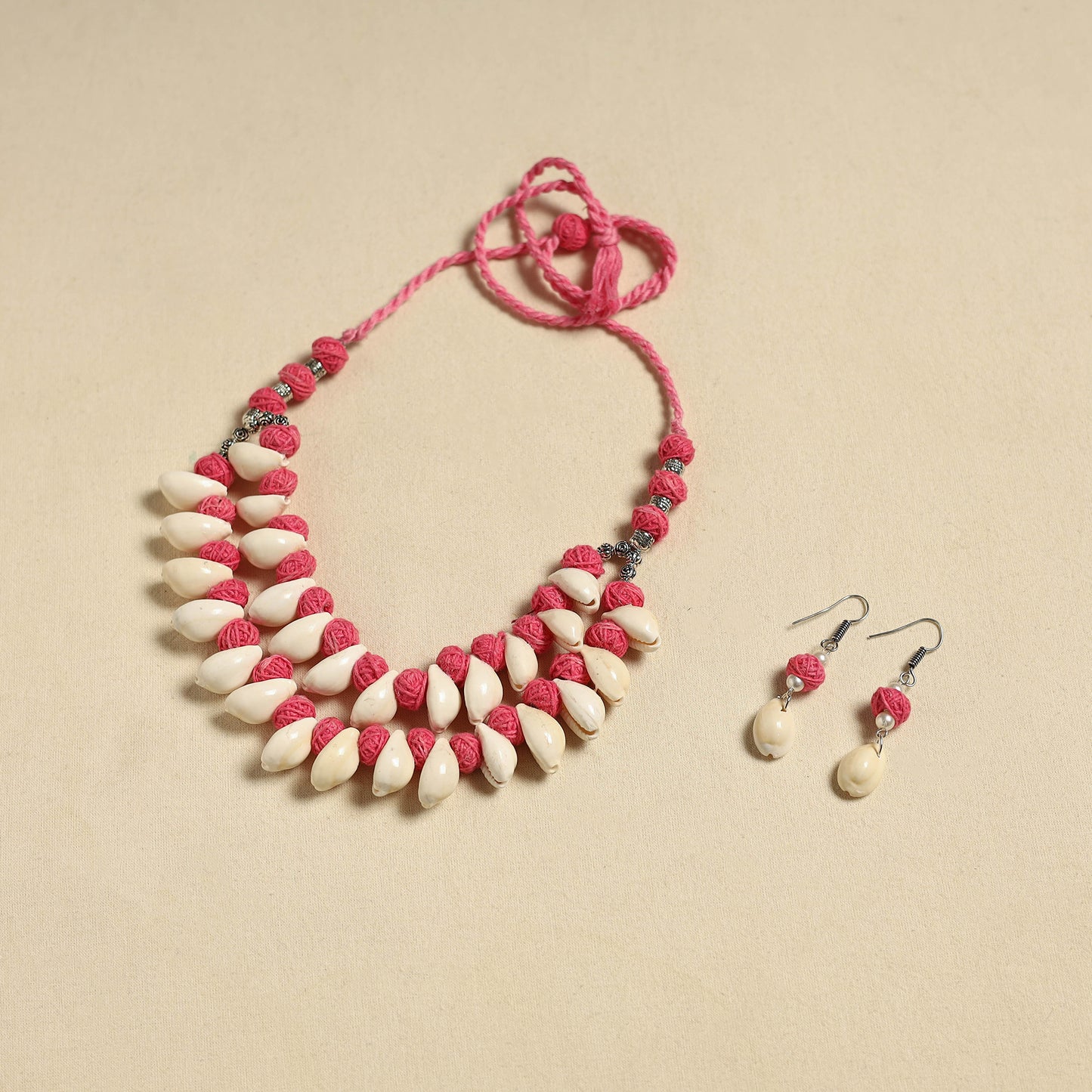 Handcrafted Thread Beads Shell Work Double Layered Necklace Set 13