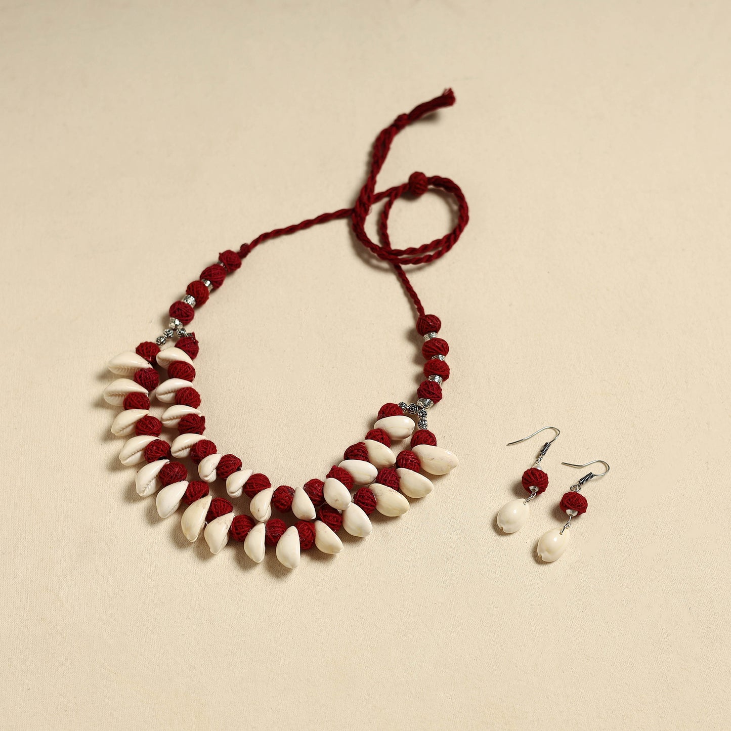 Handcrafted Thread Beads Shell Work Double Layered Necklace Set 14