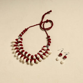 Handcrafted Thread Beads Shell Work Double Layered Necklace Set 14