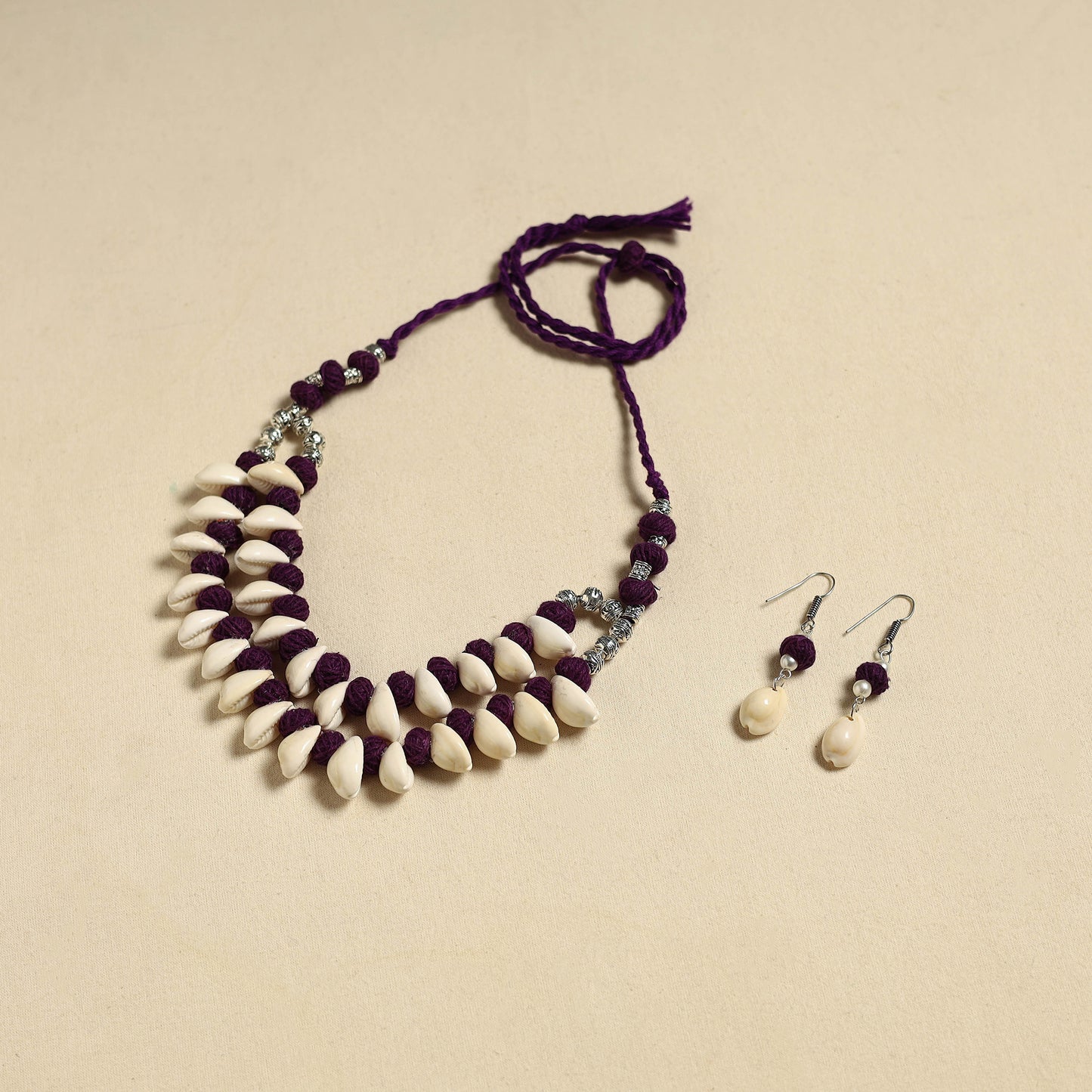 Handcrafted Thread Beads Shell Work Double Layered Necklace Set 15