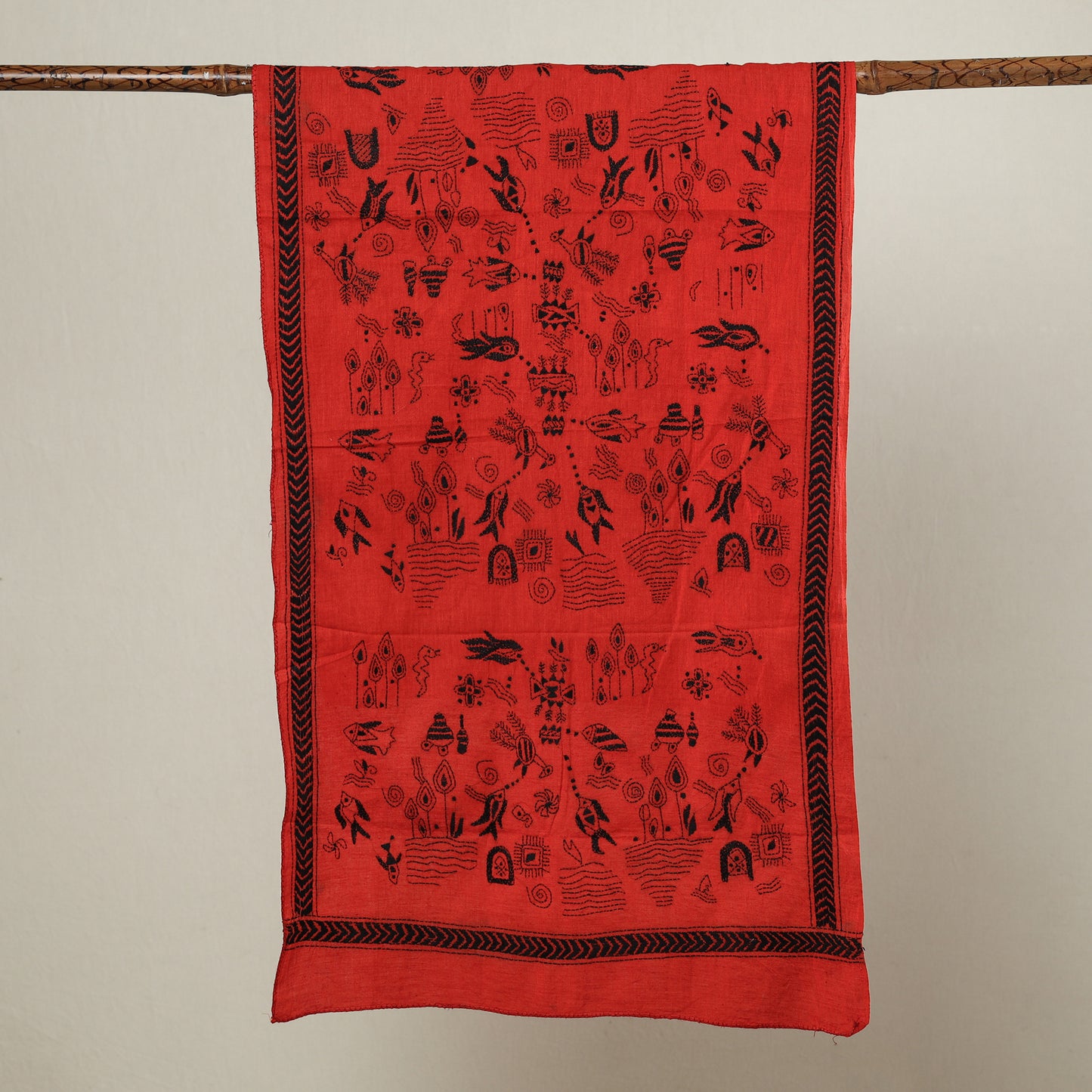 Orange - Bengal Kantha Hand Embroidery Cotton Stole 16