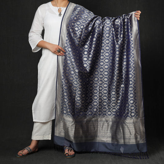 Blue - Banarasi Handloom Katan Silk Zari Buti Dupatta with Tassels