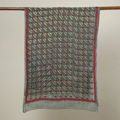Grey - Bengal Kantha Hand Embroidery Cotton Stole 09