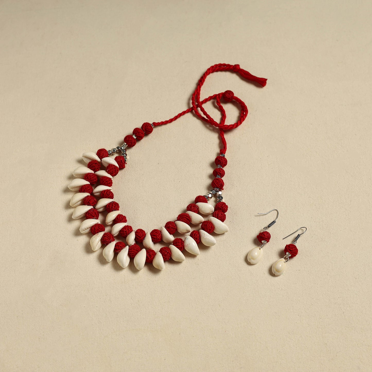 Handcrafted Thread Beads Shell Work Double Layered Necklace Set 19