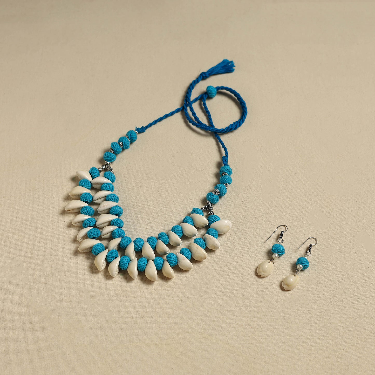 Handcrafted Thread Beads Shell Work Double Layered Necklace Set 21