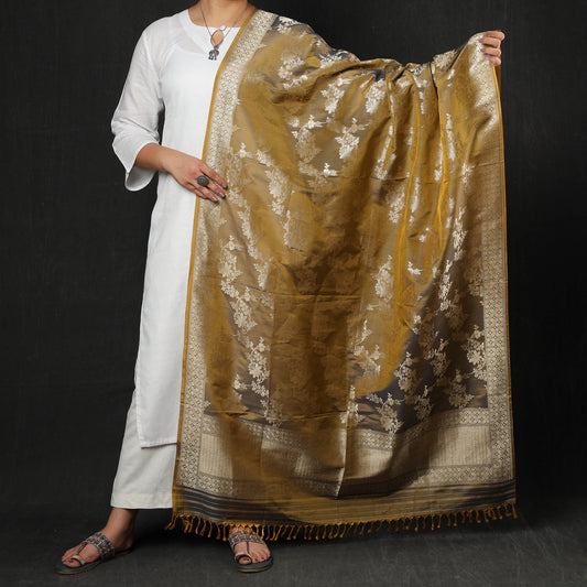 Yellow - Banarasi Handloom Katan Silk Zari Buti Dupatta with Tassels