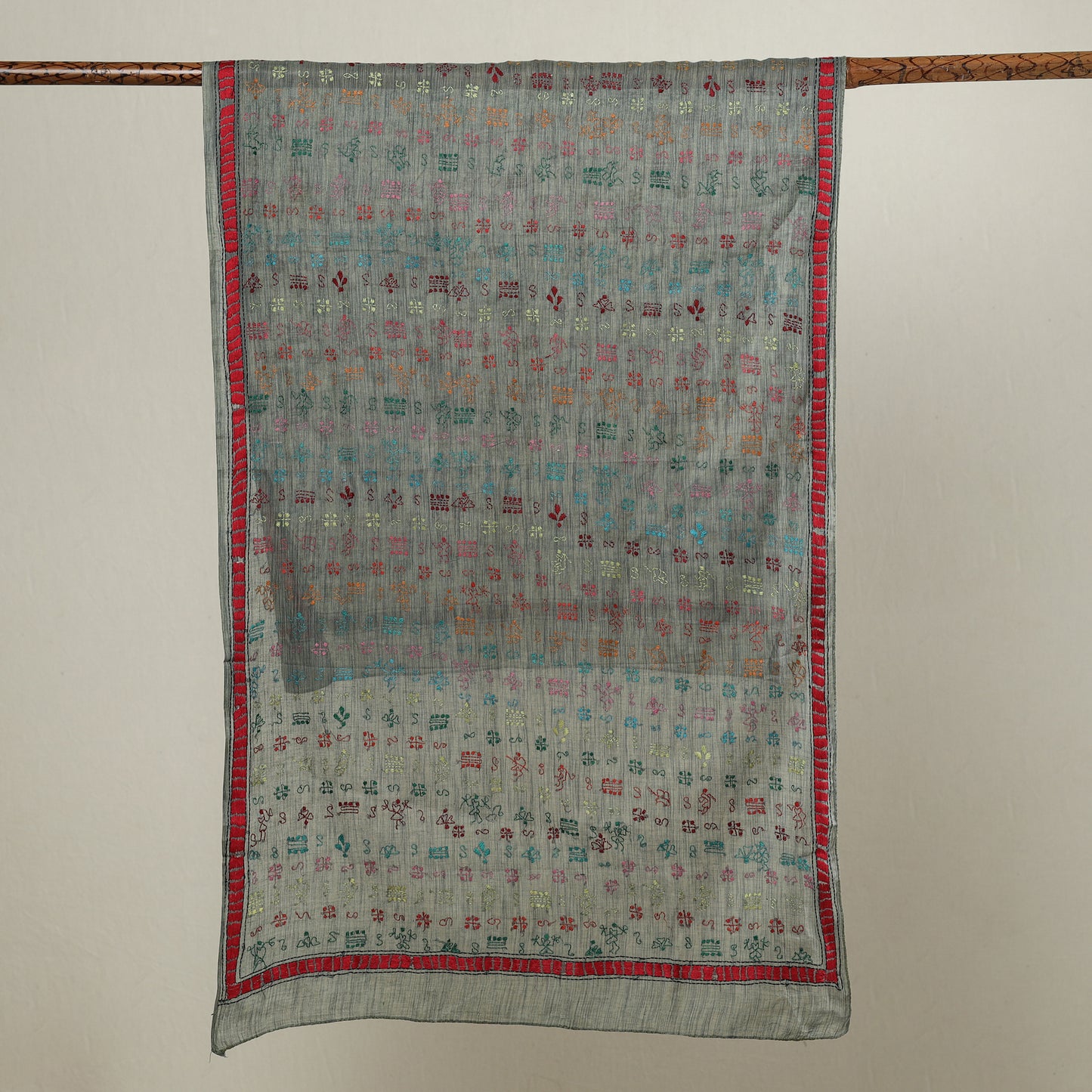 Grey - Bengal Kantha Hand Embroidery Cotton Stole 12