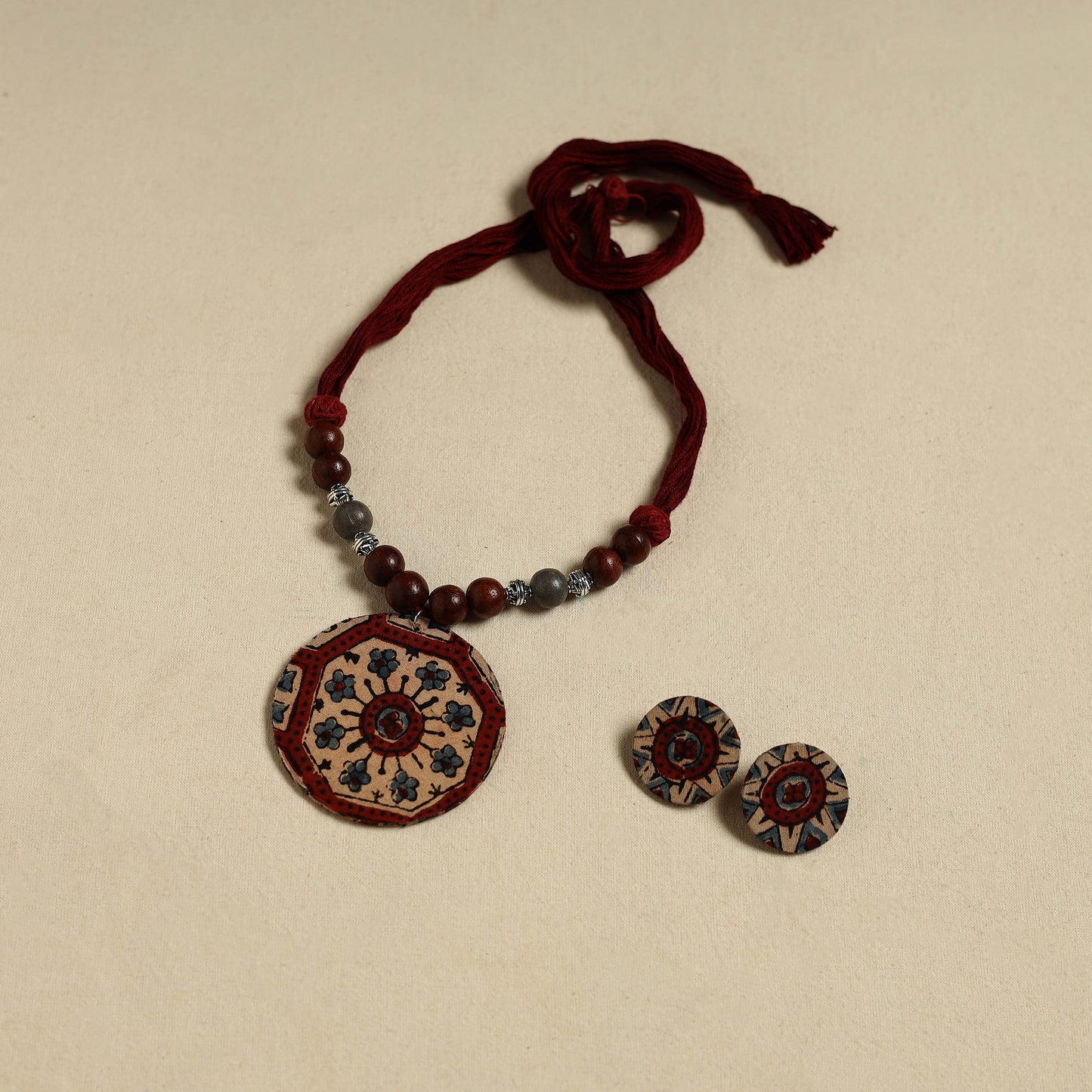 Handcrafted Wooden Beads Fabart Necklace Set 31