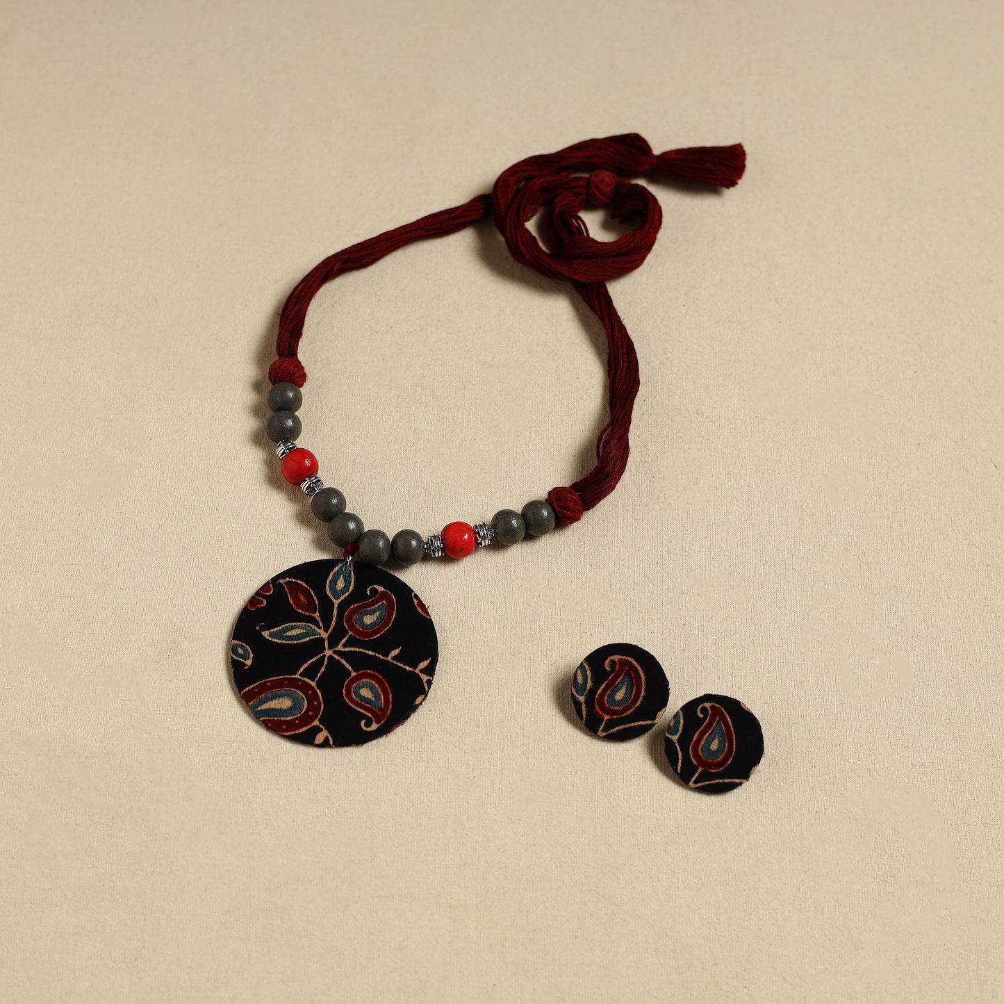 Handcrafted Wooden Beads Fabart Necklace Set 37