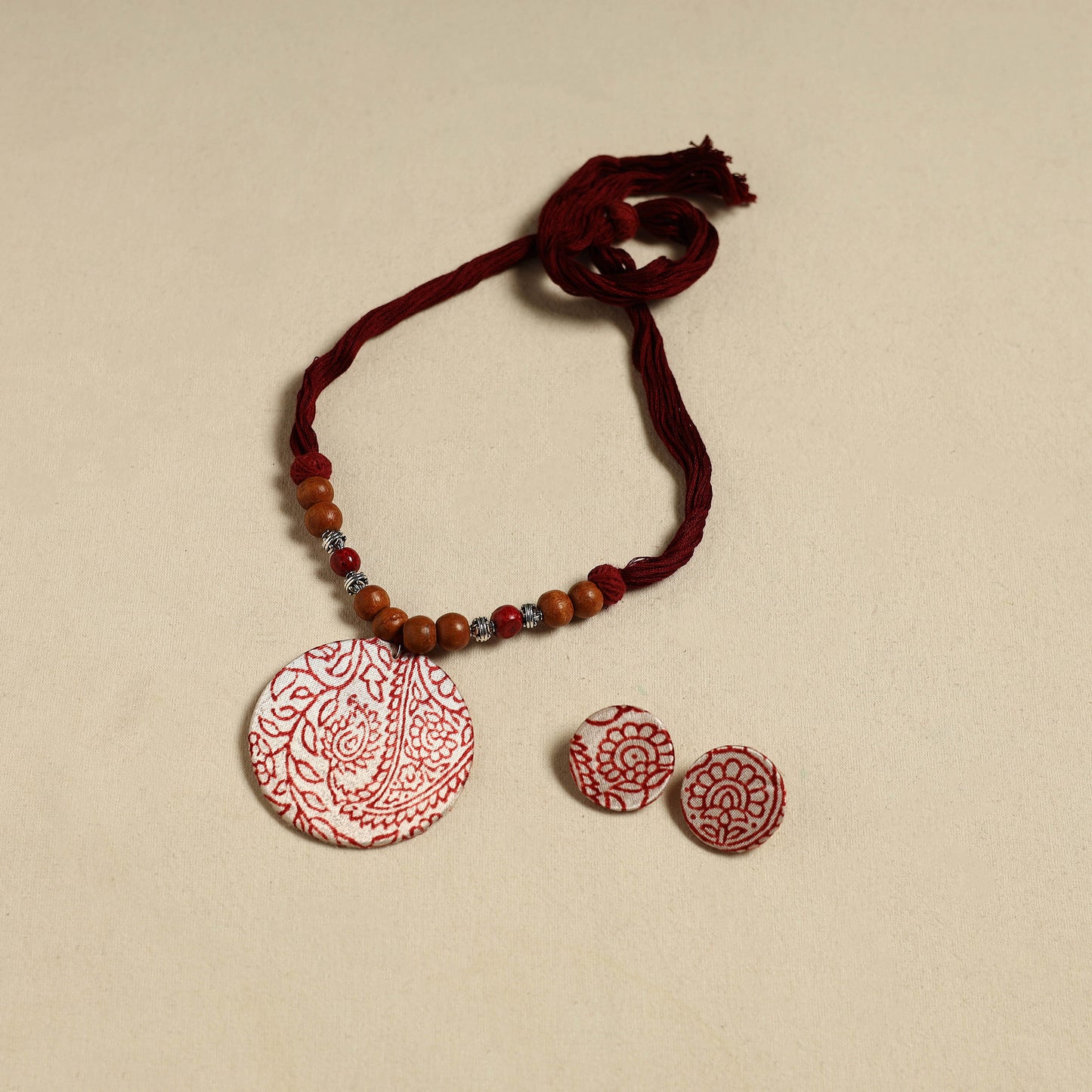 Handcrafted Wooden Beads Fabart Necklace Set 38