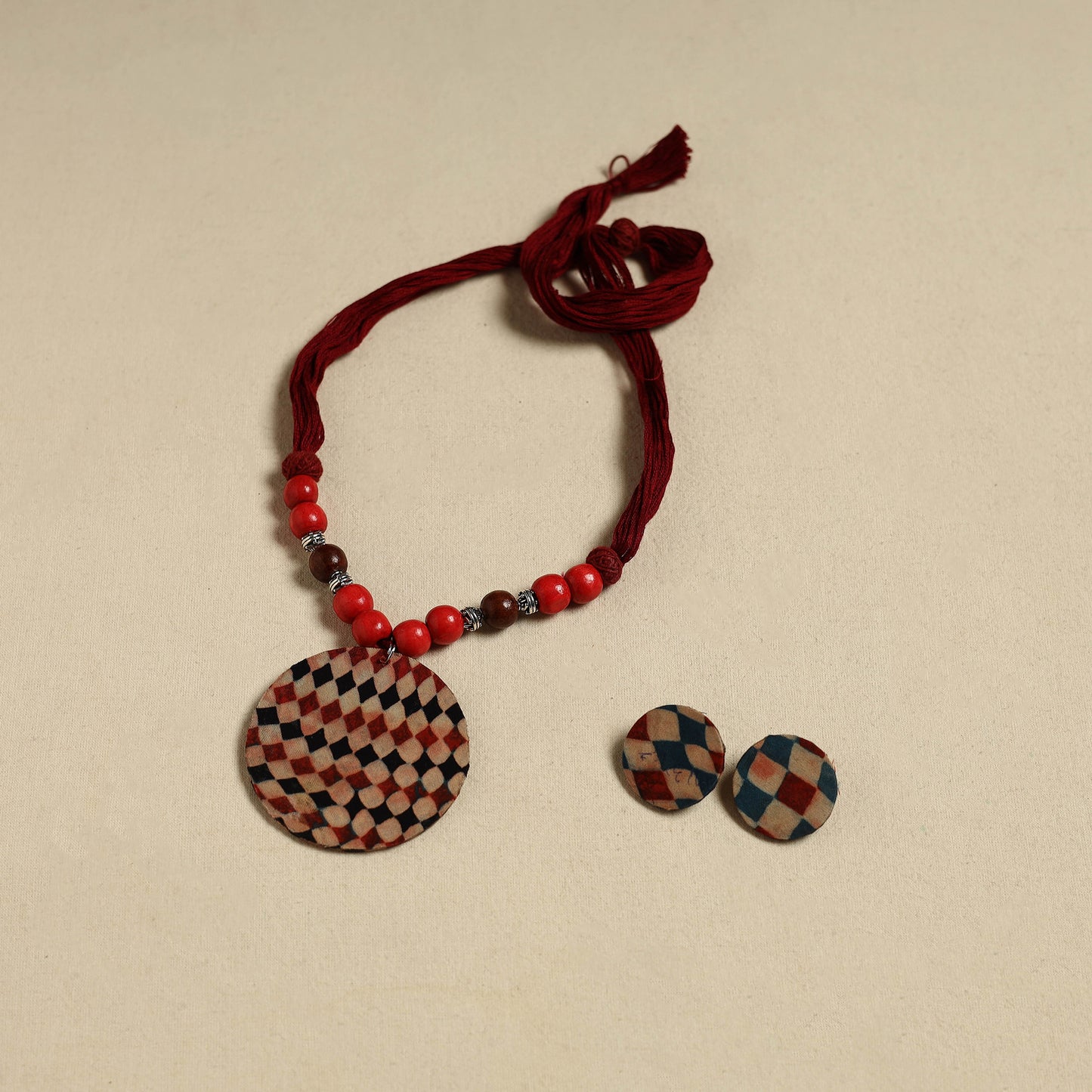 Handcrafted Wooden Beads Fabart Necklace Set 44
