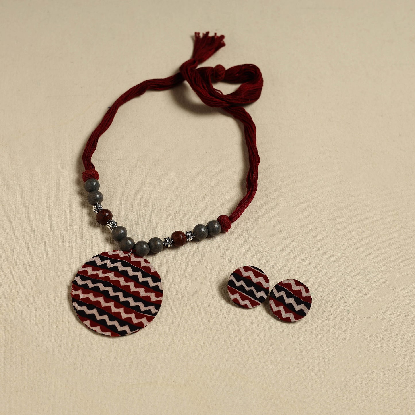 Handcrafted Wooden Beads Fabart Necklace Set 45
