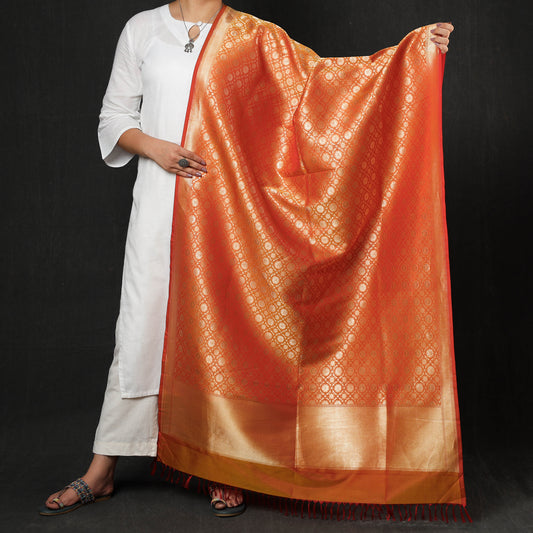 Orange - Banarasi Handloom Katan Silk Zari Buti Dupatta with Tassels