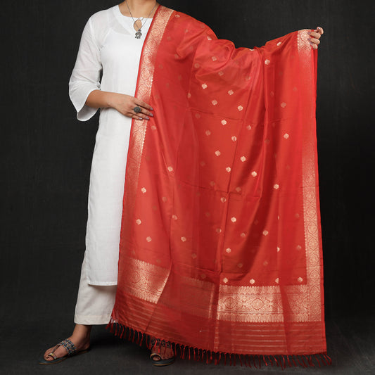 Red - Banarasi Handloom Katan Silk Zari Buti Dupatta with Tassels